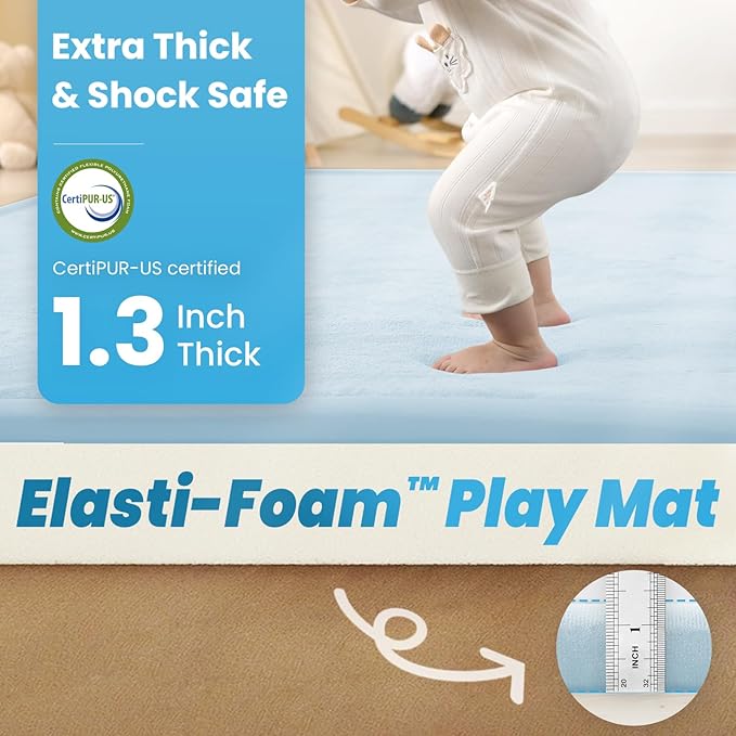 Baby Play Mat for Kids Room,Extra Thick Elasti-Foam Anti-Fall Cushion Mat for Babies,Toddlers,Infants,Water-Repellent&Non-Slip Bedroom Bedside Rugs(Ice Blue)-CubbioJoy