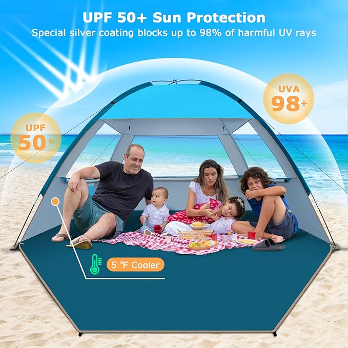 COMMOUDS Beach Tent Sun Shade for 3/4-5/6-7/8-10 Person, UPF 50+ Beach Sun Shelter Canopy Tent, Lightweight, Easy Set Up and Carry-CubbioJoy