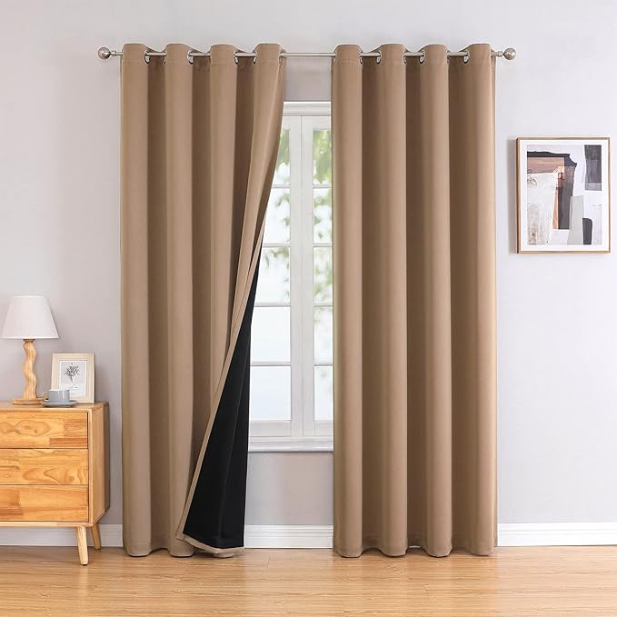 ChrisDowa 100% Blackout Curtains for Bedroom with Black Liner, 2 Thick Layers Total Blackout Thermal Insulated Grommet Window Curtains 2 Panels Set (Cappuccino, 52 x 72 Inch)-CubbioJoy
