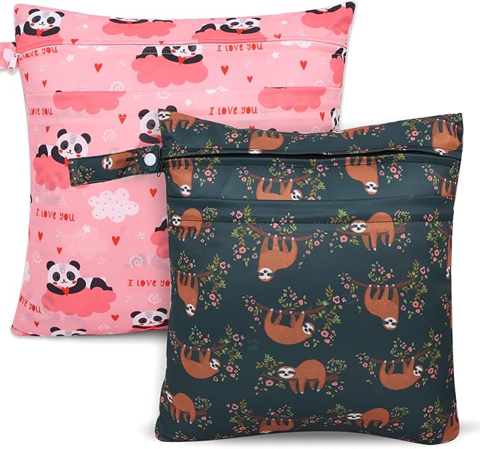 2pcs Cloth Diaper Wet Dry Bags, Waterproof Reusable Wet Bag with 2 Zipper Pockets & Handle, Washable Laundry Bags for Baby Adult Clothes Travel Beach Pool Daycare Yoga Gym Exercise Swimsuits,-CubbioJoy
