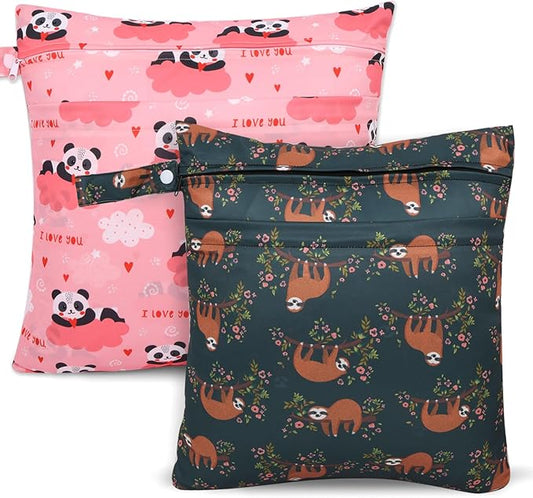 2pcs Cloth Diaper Wet Dry Bags, Waterproof Reusable Wet Bag with 2 Zipper Pockets & Handle, Washable Laundry Bags for Baby Adult Clothes Travel Beach Pool Daycare Yoga Gym Exercise Swimsuits,-CubbioJoy