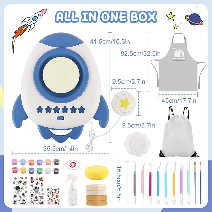 deAO Pottery Wheel for Kids Complete Painting Set for Beginners Mini Pottery Wheel Kit with Air Dry Clay Tools, Arts & Crafts Clay Wheel Toys Birthday Gifts for Girls Boys Age 3+ (Blue)-CubbioJoy