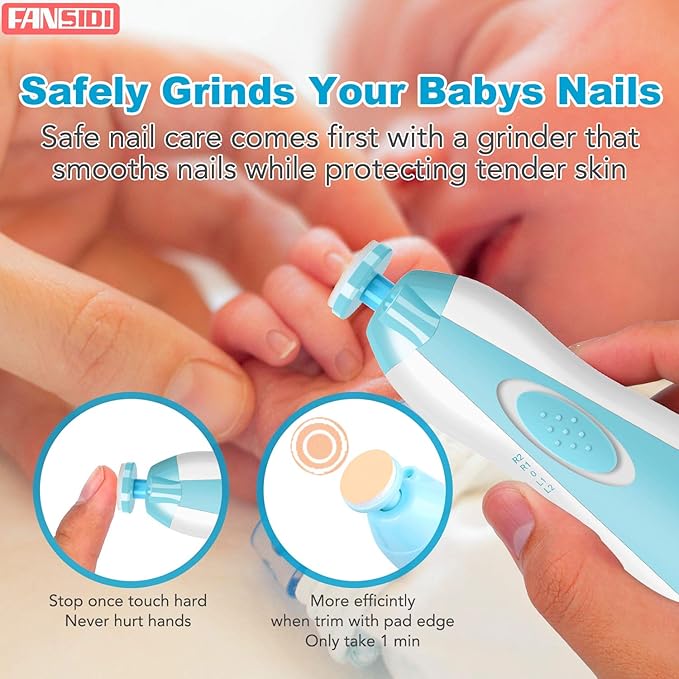 Baby Nail Trimmer Electric, FANSIDI Baby Nail Clippers Safe Baby Nail File Kit with Extra 12 Replacement Pads, Trim Polish Grooming Kit for Newborn Infant Toddler or Adults Toes Fingernails Care, Blue-CubbioJoy
