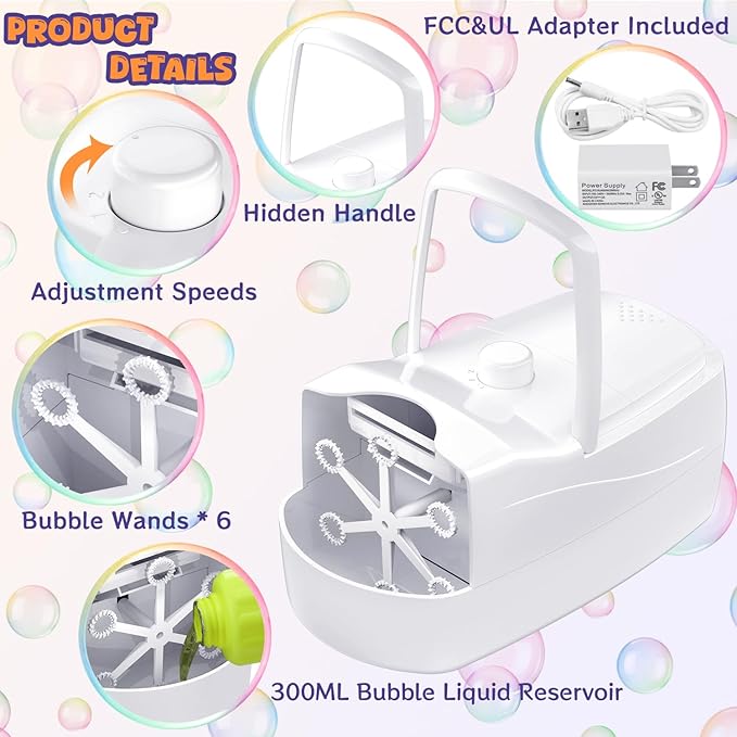 Bubble Machine, Automatic 18000+ Per Minute Big Bubbles Blower Maker for Kids Toddlers with 2 Speeds,6 Wands,Operated by Plugin or Batteries for Outdoor/Indoor Birthday Parties,Wedding (White)-CubbioJoy