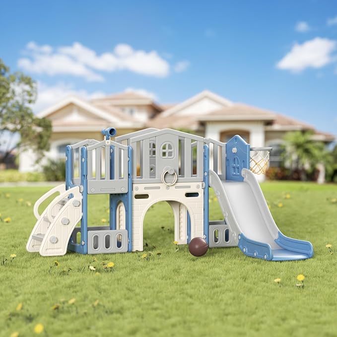 8 in 1 Toddler Slide Set, Kids Slide for Toddlers Age 1-3, Toddler Climber Slide PlaySet with Basketball Hoop and Ball, Outdoor Indoor Kids Playground for Toddlers 1-3, Blue Grey-CubbioJoy