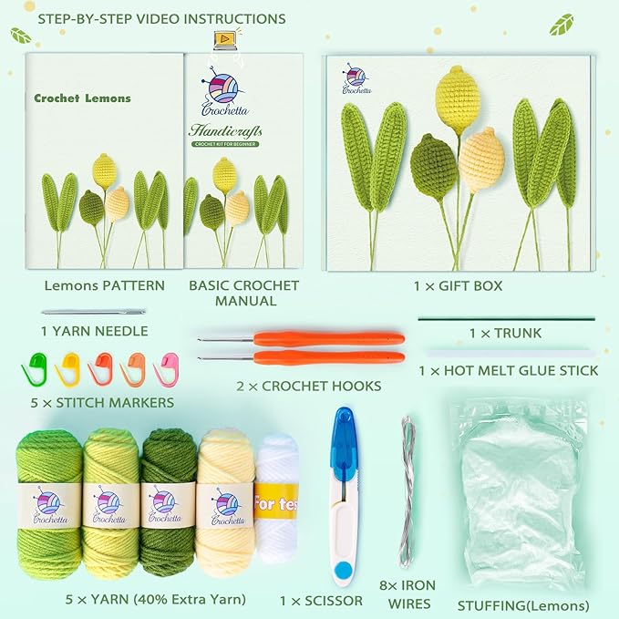 Crochetta Crochet Kit for Beginners, Crochet Kit w Step-by-Step Video Tutorials, Crochet Starter Kit Learn to Crochet Kits for Adults Kids Beginners, 3 Lemons Familly (40%+ Yarn Content)-CubbioJoy