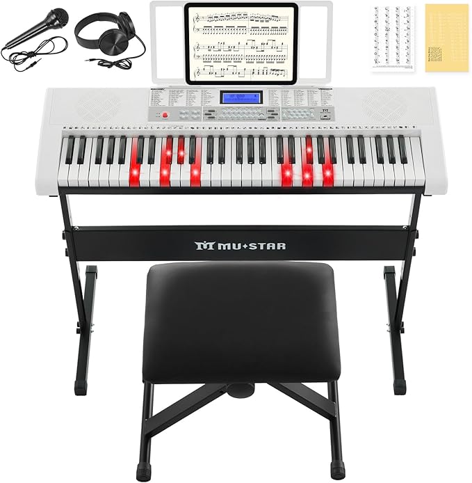 61 Key Piano Keyboard, Electric Keyboard Piano with Light-Up Keys, 255 Tones/Rhythms, Smart Learning System, Headphone, Microphone, Keyboard Stand, Stool, Stickers, Piano Keyboard Set for Beginners-CubbioJoy