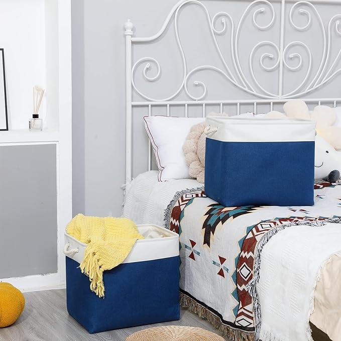 Bidtakay Large Canvas Organization Bins Set of 2 Navy Blue Rectangular Baskets 17x12x15 in for Blankets, Clothes, Towels, Dog Toys Storage-CubbioJoy