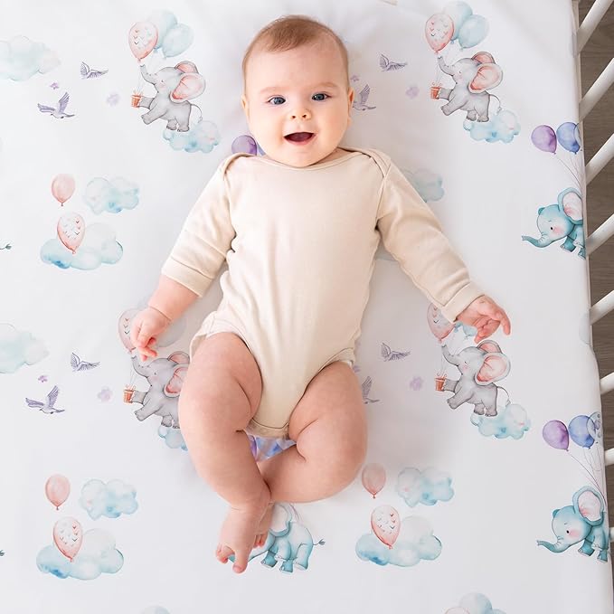 4 Piece Crib Bedding Set for Boys Girls, Infant Toddler Nursery Baby Bedding Sets Includes Cartoon Quilt, Fitted Crib Sheet, Crib Skirt and Plush Elephant Toy-CubbioJoy