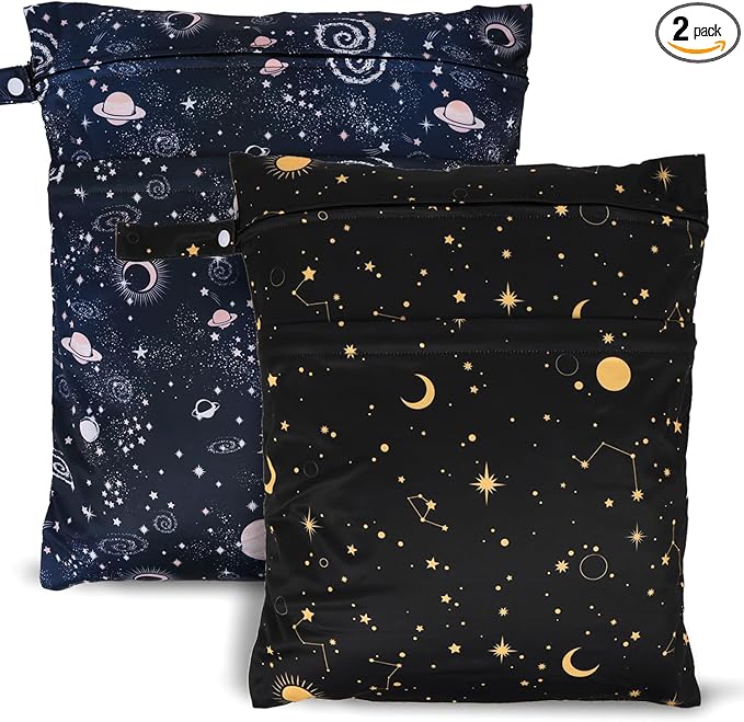2pcs Travel Waterproof Laundry Bag, Cloth Diaper Wet Dry Bags with Handle & 2 Zipper Pockets, Reusable Washable Dirty Clothes Bag for Baby Adult Travelling Hanging, Bathing Beach Pool Daycare-CubbioJoy