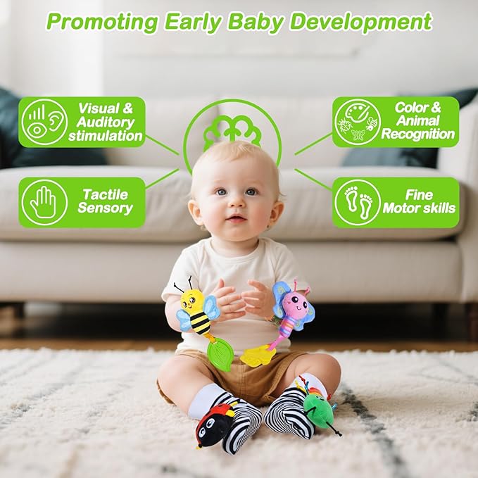 Baby Toys 0-6 Months,Soft Rattle Socks and Wristband Set,Hand and Foot Sensory Development Toys for Babies 0-12 Months with Infant Teething Toys,Shower Gifts for Newborn Boy and Girl-CubbioJoy