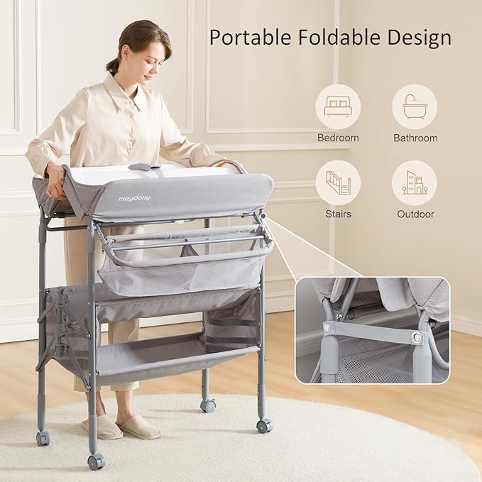 Baby Changing Table with Wheels, Maydolly Portable Foldable Changing Table, Waterproof Diaper Changing Station, Adjustable Height Changing Station, Mobile Nursery for Newborn and Infant (Grey)-CubbioJoy