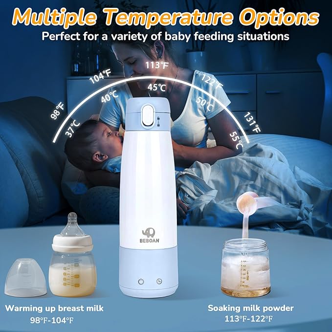 BEBOAN Portable Bottle Warmer for Travel On The Go, Portable Milk Warmer 5-Temp Setting with Lock 12oz Large Capacity, Cordless for Heating Breast Milk Charging with 55w Charger to Get Fast Charging-CubbioJoy