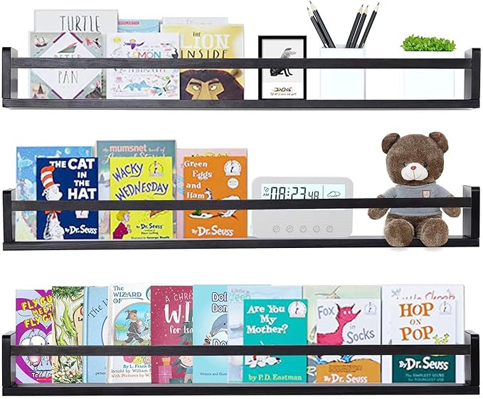 AZSKY Black Nursery Bookshelves for Wall Hanging Kids Bookshelf Baby Book Shelf Organizer Wall Bookshelves Kids Shelves and Storage for Wall Playroom Shelves 36 Inch a Set of 3 Same Sizes-CubbioJoy
