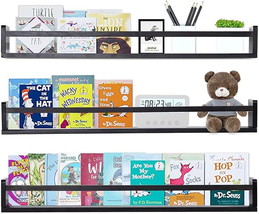 AZSKY Black Nursery Bookshelves for Wall Hanging Kids Bookshelf Baby Book Shelf Organizer Wall Bookshelves Kids Shelves and Storage for Wall Playroom Shelves 36 Inch a Set of 3 Same Sizes-CubbioJoy