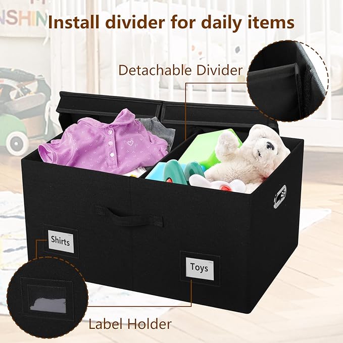 75 Quarts Extra Large Decorative Storage Bins with Lids, 3 Packs Black Collapsible Storage Bins with Lids, Stackable Storage Bins Decorative Box Storage With Lid Extra Large-CubbioJoy