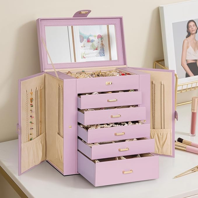 AKOZLIN Huge Jewelry Box Organizer Functional Large Leather Jewelry Storage Case for Women Girls Ring Necklace Earring Bracelet Holder Organizer with Mirror-CubbioJoy