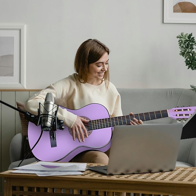ADM Beginner Acoustic Classical Guitar 38 Inch Nylon Strings Wooden Guitar Bundle Kit for Kid Boy Girl Student Youth Guitarra Online Lessons with Gig Bag, Strap, Tuner, Strings, Purple-CubbioJoy