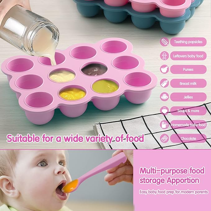 Baby Food Storage 12 x 1.5OZ Silicone Freezer Tray with Lid, Food Grade Silicone Containers for Purees & Vegetables Pink-CubbioJoy