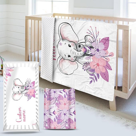 Custom Name Crib Bedding Set - Elephant Theme, Personalized Purple FlowerNursery Bedding 3-Piece Set– Soft Blanket, Fitted Sheet, Changing Pad Cover – for Newborns Girls Nursery Gifts-CubbioJoy