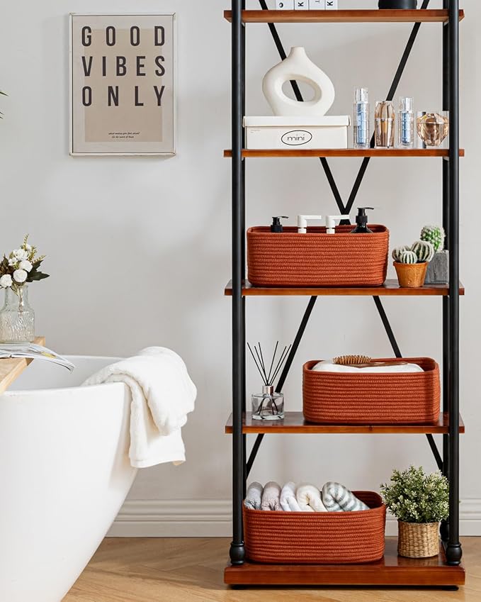 KALLAX Small Woven Basket, 13.5 x 9.5 x 5 Inches, Storage Basket for Organizing, Cute Small Rope Shelf Closet Cube Storage Bins Baskets for Shelves, Dog Toy Gift Baskets Empty, 3 Pack Rust Red-CubbioJoy