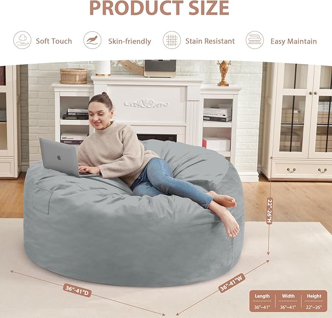 3FT Bean Bag Chair, Comfy Bean Bag Chairs with Memory Foam Filled, Fluffy Beanbag Sofa with Dutch Velvet Cover, Round BeanBag Chairs for Living Room, Playroom - Light Grey-CubbioJoy