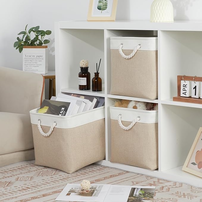 Bidtakay Large Storage Baskets for Organizing Fabric Closet Organizers Storage Bins with Handles 3-Pack 16x11.8x11.8 Inch Collapsible Baskets for Shelves Clothes Home Organization L-White&Beige-CubbioJoy