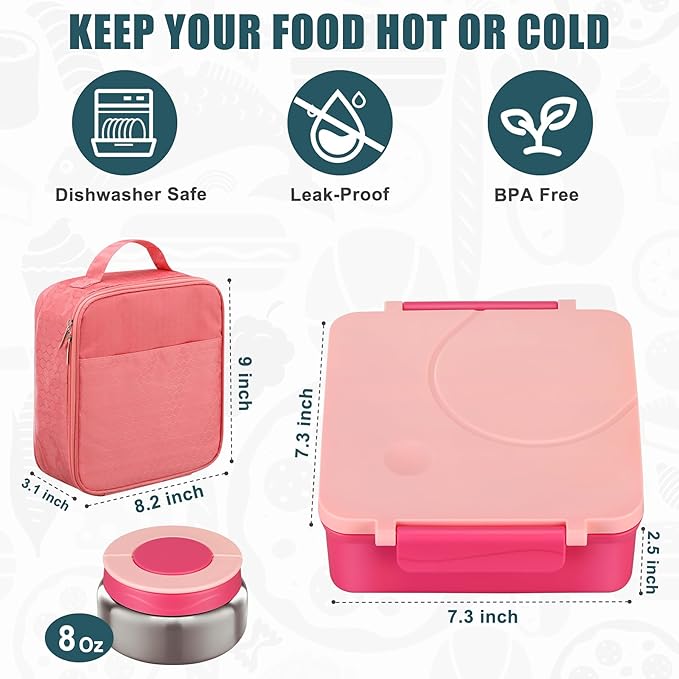 Bento Lunch Box for Kids with 8oz Soup Thermo&Lunch Bag, Leak-Proof Lunch Food Containers with 4 Compartment, Hot Food Insulated Food Jar for Kids School (Pink)-CubbioJoy