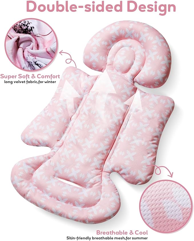 Infant Car Seat Insert, Enlarged Head Support for Baby Carseat, Reversible Newborn Insert with 3 Strap Covers, 2-in-1 Baby Car Seat Cushion for Stroller, Swing, Bouncer, Rocker - Pink Floral-CubbioJoy