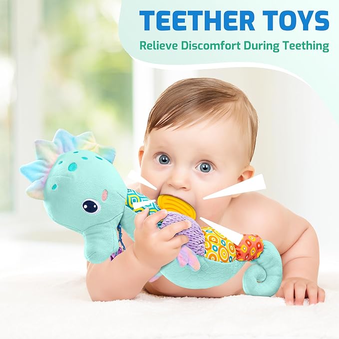 Sumobaby Infant Baby Musical Stuffed Animal Activity Soft Toys with Multi-Sensory Crinkle, Rattle and Textures, for Tummy Time Newborn 0-3-6-12 Months Boys, Girls, Seahorses, Blue-CubbioJoy