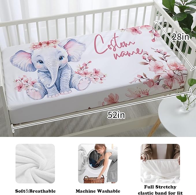 Custom Nursery Crib Bedding Set: 4 Piece Pink Flower Elephant Pattern Baby Crib Sets for Girls with Personalized Name - Toddler Double Layer Blanket Set, Comfortable Crib Bed Sheets for Baby Toddlers-CubbioJoy
