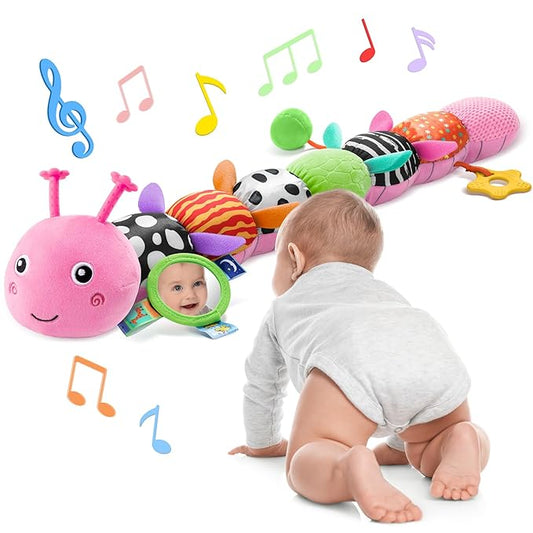 Baby Toys 6-12 Months Music Caterpillar Infant Toys Stuffed Animals 0-3-6 Months Teething Tummy Time Sensory Toys with Mirror Rattle&Pull String for Boys Girls Birthday Gifts|Candy Pink,Leafy-CubbioJoy