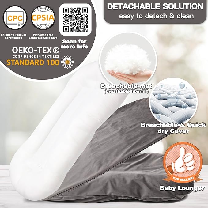 Baby Lounger - Snuggle Cozy Me Infant Lounger for Newborns | Flannel Cover, Breathable Soft, Portable Awake-Time Pad, Essential Baby Gift -Grey-CubbioJoy