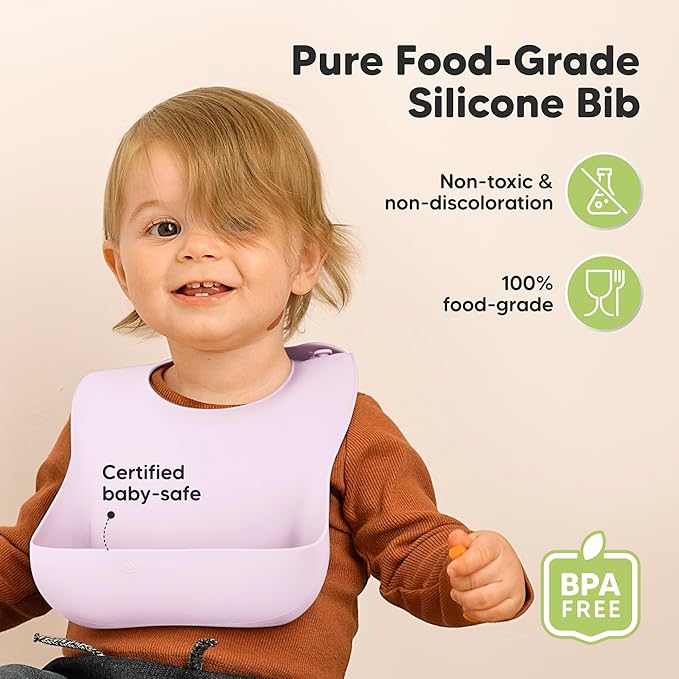 KeaBabies 2-Pack Silicone Baby Bibs for Eating - Sturdy Food-Grade Silicone Bibs for Babies Girl, Boy, Large Food Catcher, Clean & Put On Easily, Waterproof Toddler Feeding Essentials (Amethyst)-CubbioJoy