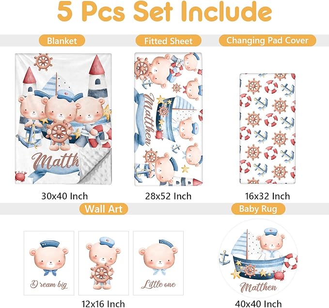 Custom Baby Bedding Set, 5 Pcs Customized Nursery Bedding Set with Name, Comfortable Double Layer Crib Sets for Boys Girls, Personalized Gifts for Infants Toddlers New Parents, Sailing Bear-CubbioJoy