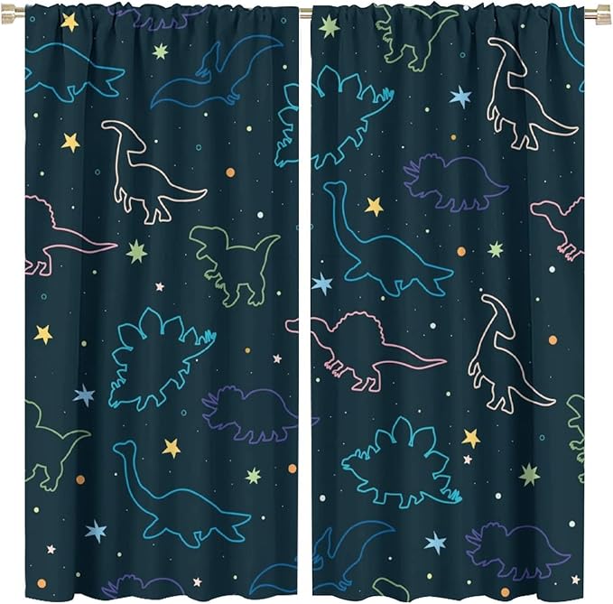 Cartoon Colorful Dinosaur Curtains for Kids Boys Girls Home Decor, Astronaut Funny Outer Space Star Blackout Rod Pocket Window Drapes for Bedroom Living Room W31.5xL63in 2 Panels-CubbioJoy