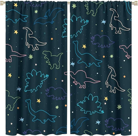 Cartoon Colorful Dinosaur Curtains for Kids Boys Girls Home Decor, Astronaut Funny Outer Space Star Blackout Rod Pocket Window Drapes for Bedroom Living Room W31.5xL63in 2 Panels-CubbioJoy