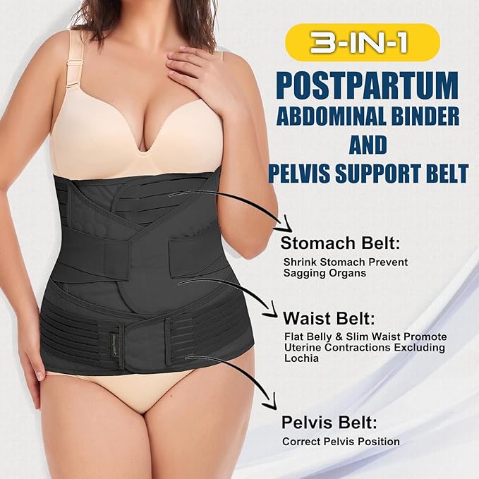 3 in 1 Postpartum Belly Band - Postpartum Belly Support Recovery Wrap, After Birth Brace, Slimming Girdles, Body Shaper Waist Shapewear, Post Surgery Pregnancy Belly Support Band (S/M, Black)-CubbioJoy