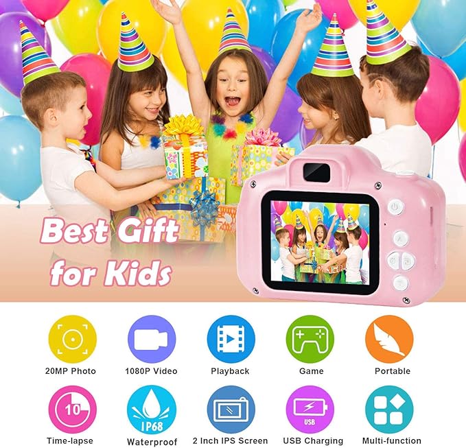 Agoigo Kids Waterproof Camera - Children Underwater HD Video Digital Camcorder, Portable Travel Toy for Toddler - Ideal Christmas Birthday Gifts for Boys Girls Age 3-12 with 32GB Card (Pink)-CubbioJoy