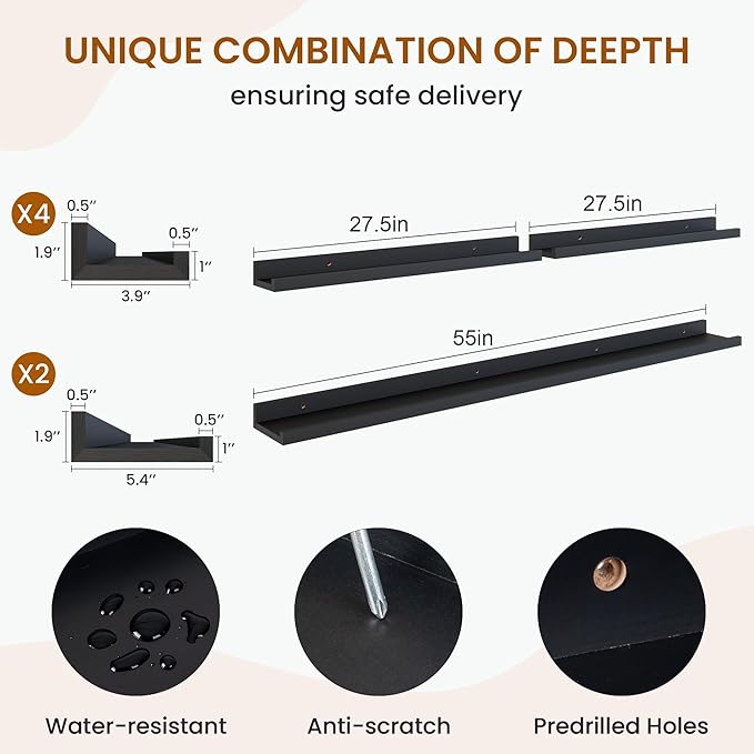 Axeman Picture Ledge Shelf, Floating Shelves for Wall Decor Storage Set of 6, 55 inch Floating Wall Mounted Shelves, Wall Shelves with Lip for Living Room, Bedroom, Nursery, Bathroom, Kitchen, Black-CubbioJoy