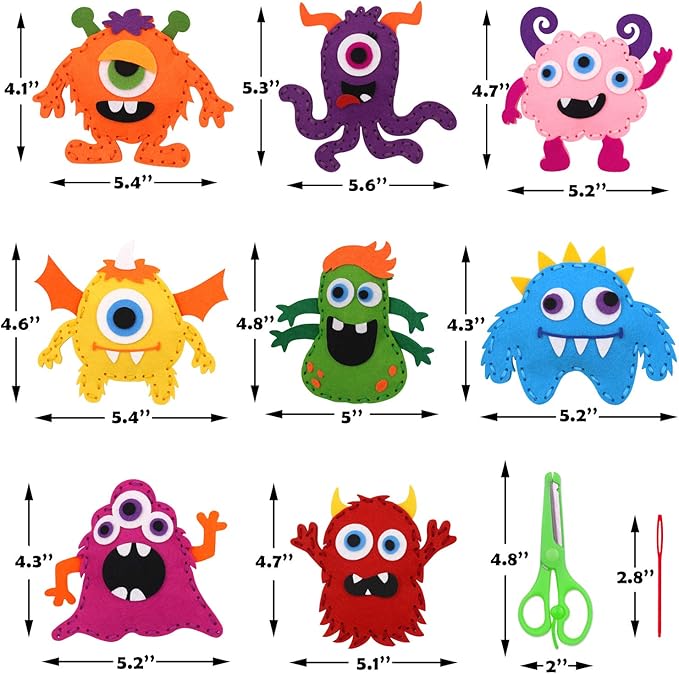 CiyvoLyeen Little Monsters Sewing Craft Kit for Children Adopt A Monster Felt Plush DIY Sewing Art Kids Educational Toys Monster Bash Craft Gift for Beginners Set of 8-CubbioJoy