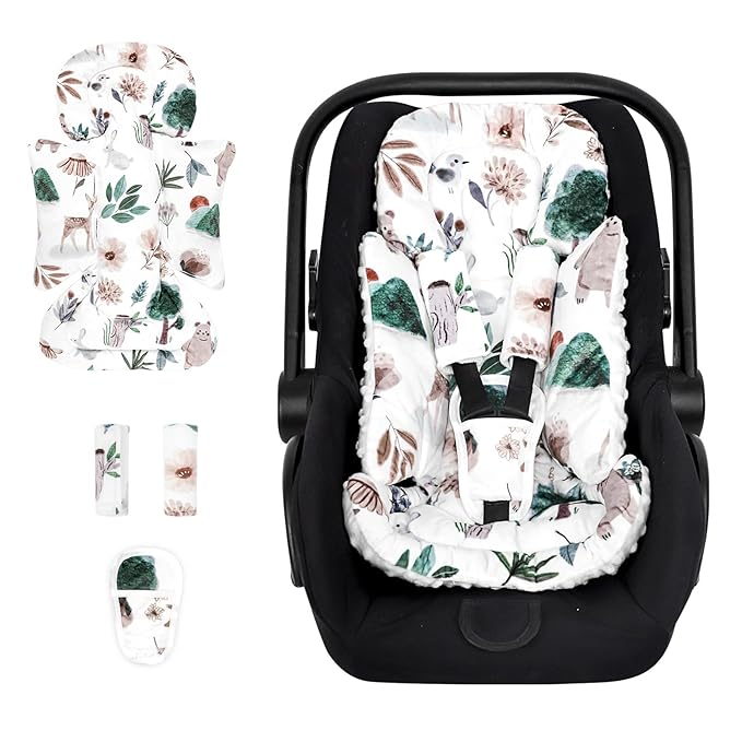 Infant Car Seat Insert and Strap Covers, Very Soft Car Seat Head Support Baby Girl Boy, Reversible Newborn Carseat Insert Cushion Fits for Stroller, Baby Swing, Bouncer (White Animals)-CubbioJoy