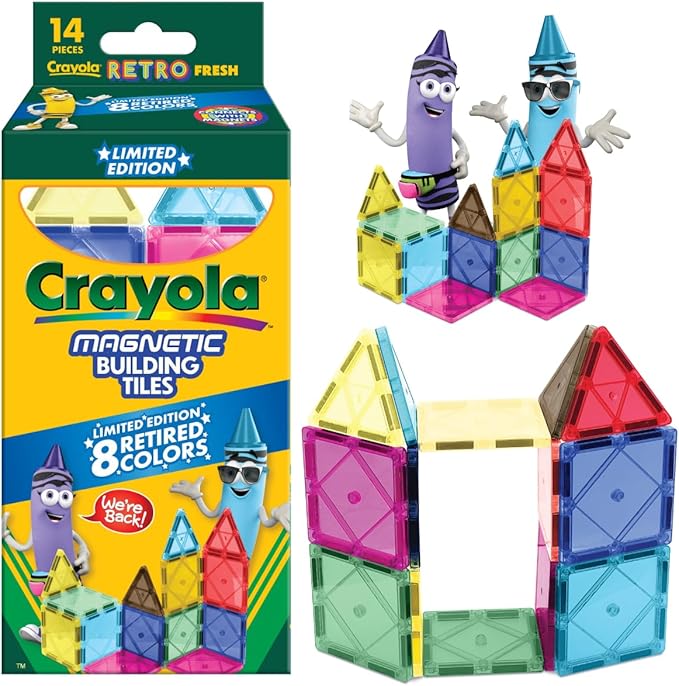 CreateOn Crayola Retro Magnetic Tiles, Building Set for Kids, Magnetic Building Toys for Kids, STEM Travel Toys for Boys and Girls Ages 3+, 14-Piece Set (Retro)-CubbioJoy