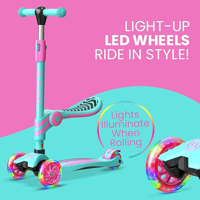 Candy 3 Wheel Scooter with Seat for Kids – Light-Up LED Wheels, Adjustable Handlebar and Seat, Smooth PU Wheels, Wide Anti-Slip Deck, Rear Foot Brake – Toddler Outdoor Toys for Ages 2+-CubbioJoy
