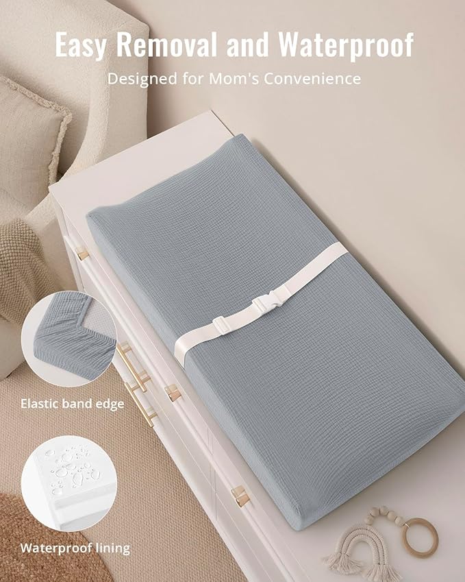 Blissful Diary Muslin Baby Changing Pad with Waterproof Lining Foam, Diaper Changing Table Pad with Cover for Dressers (Gray, Rectangular)-CubbioJoy