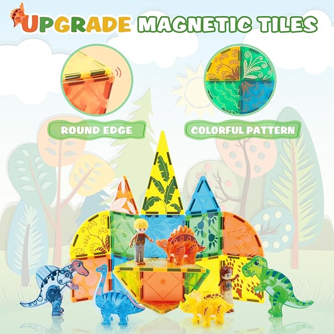 Dinosaur Magnetic Tiles,Animals Magnet Building Blocks Toys Dino World,3D STEM Educational Magnet Tiles for Boys Girls Kids Age 3 4 5 6 7 8-CubbioJoy