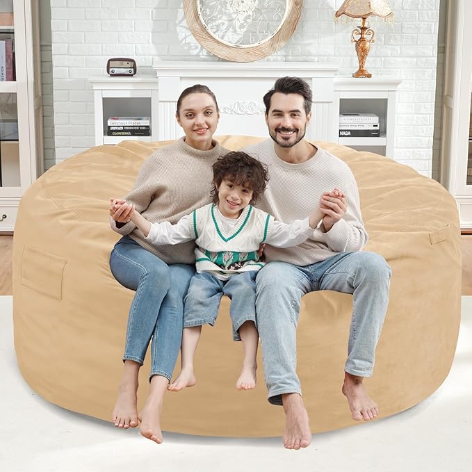 5FT Bean Bag Chair, Large Bean Bag Chairs with Memory Foam Filled, Fluffy Beanbag Sofa with Dutch Velvet Cover, Round BeanBag Chairs for Living Room, Playroom - Khaki-CubbioJoy