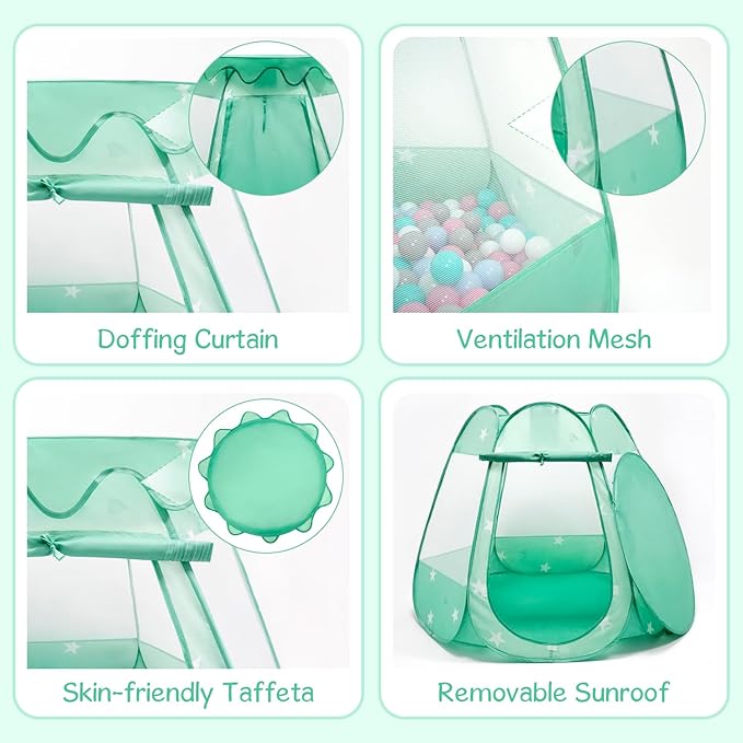 Baby Ball Pit for Toddler with 50 Balls, Pop Up Tent Kids with Star Lights for 1 2 3 Year Old Birthday Gift, 12-18 Months Baby Girl Toys with Carrying Bag, Indoor&Outdoor Play Tent for Kids(Green)-CubbioJoy