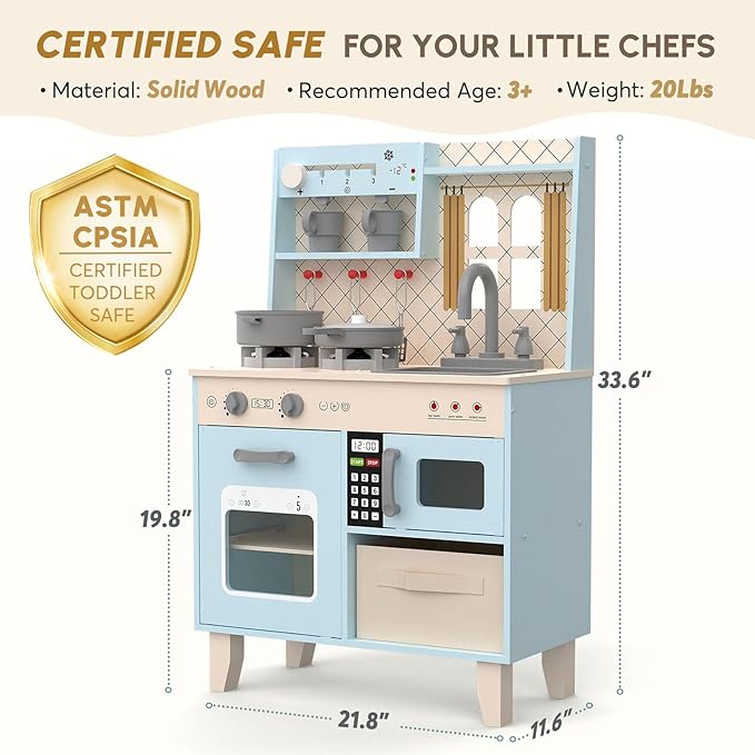 BIERUM Play Kitchen with Realistic Lights & Sounds, Wooden Kitchen Playset Chef Pretend Play Set for Toddlers, Toy Kitchen with 26 Pcs Toy Food & Cookware Accessories, Gift for Ages 3+-CubbioJoy