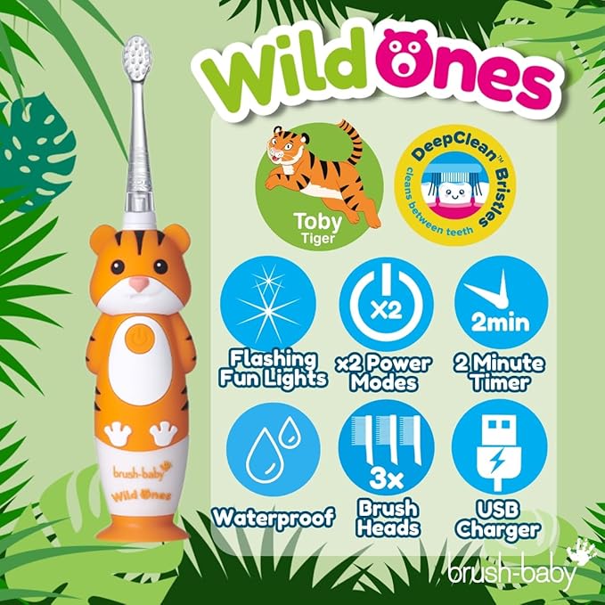 brush-baby WildOnes™ Rechargeable Kids Electric Toothbrush – Toby Tiger | Flashing Lights, 2-Min Timer, Waterproof, 3 Brush Heads | Toddler & Child Toothbrush Ages 0-10 | Soft Bristles-CubbioJoy
